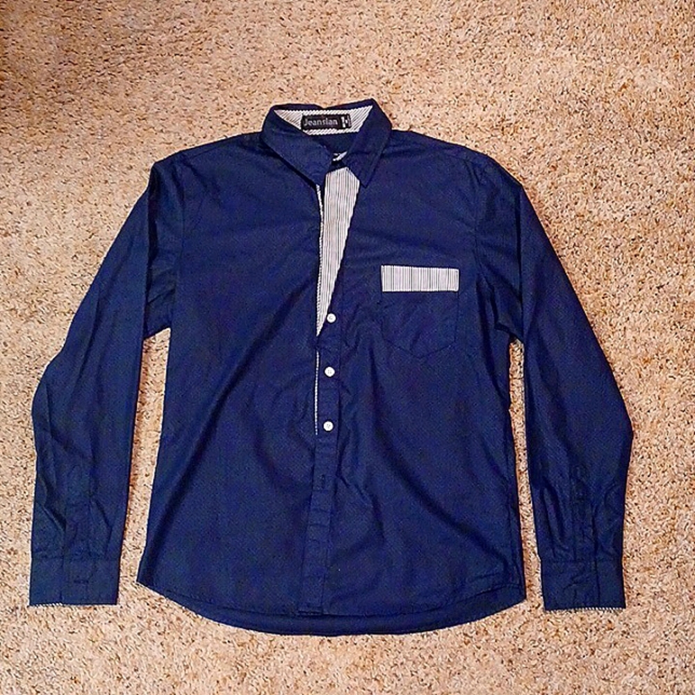 Jeansian Navy Contrast Stripe Button Down Dress Shirt